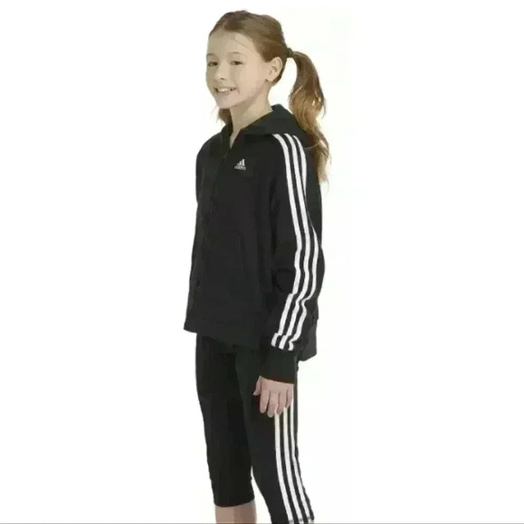 NWT Girls Adidas Zip Up Sweatshirt Hooded Fleece Black Size Medium 10/12 - Picture 3 of 8